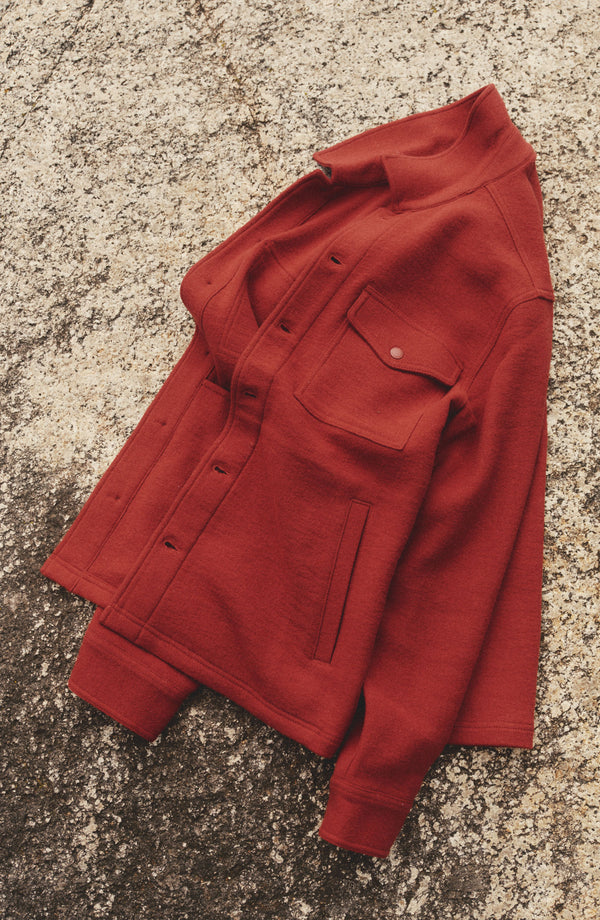 editorial flatlay of The Kenne Shirt Jacket in Canyon Cotton Wool Crepe