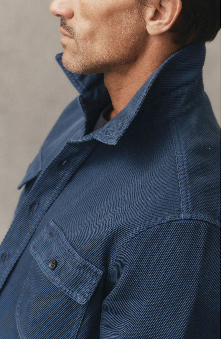 fit model posing in The Ledge Shirt in Atlantic Twill