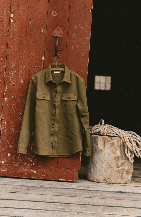 editorial image of The Ledge Shirt in Bay Leaf Twill hanging