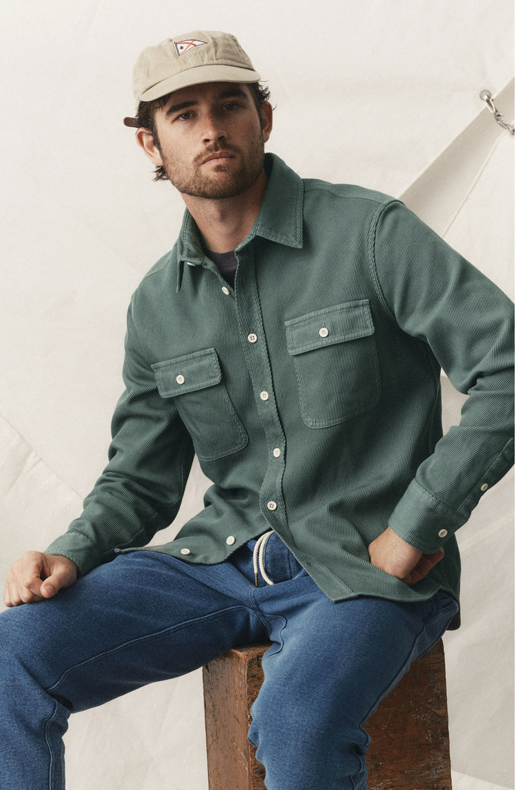 fit model posing in The Ledge Shirt in Deep Sea Twill
