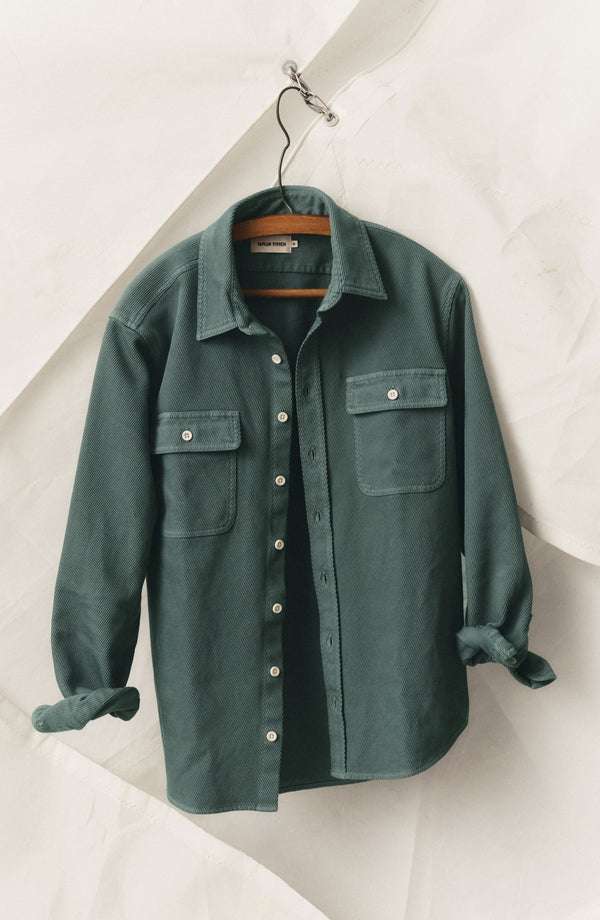 editorial image of The Ledge Shirt in Deep Sea Twill hanging