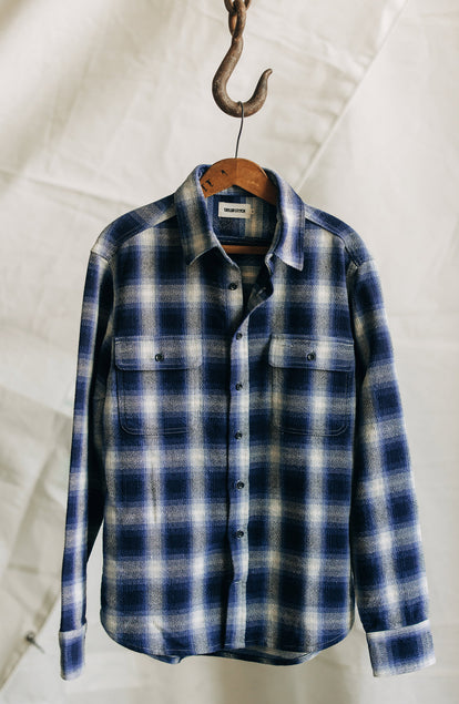 The Ledge Shirt in Blue Sky Plaid on a hanger