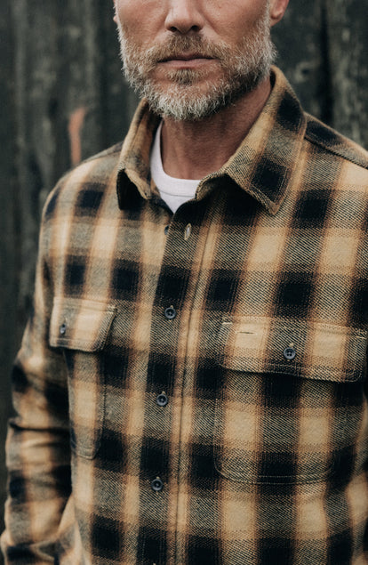 fit model in The Ledge Shirt in Brass Plaid