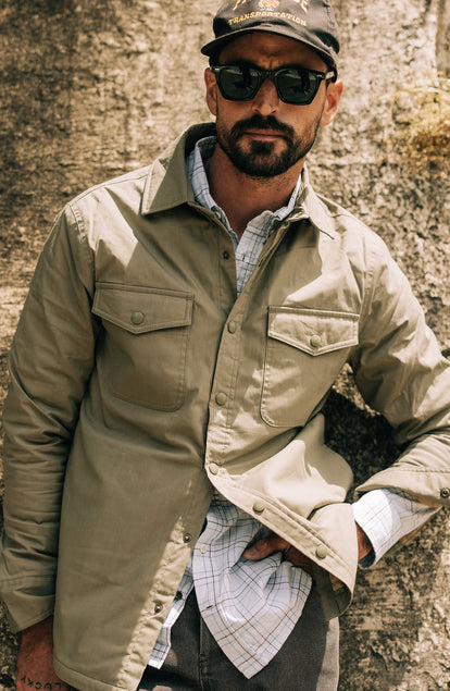 editorial shot of The Lined Maritime Shirt Jacket in Olive