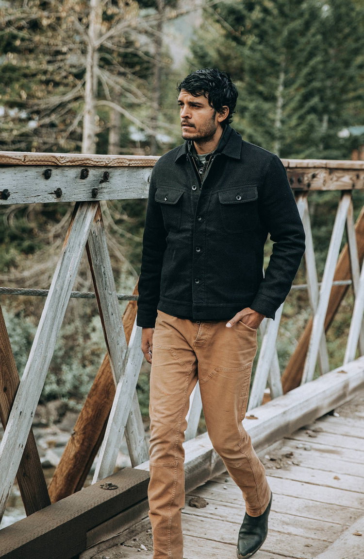 our fit model wearing the long haul outdoors—split shot with two images