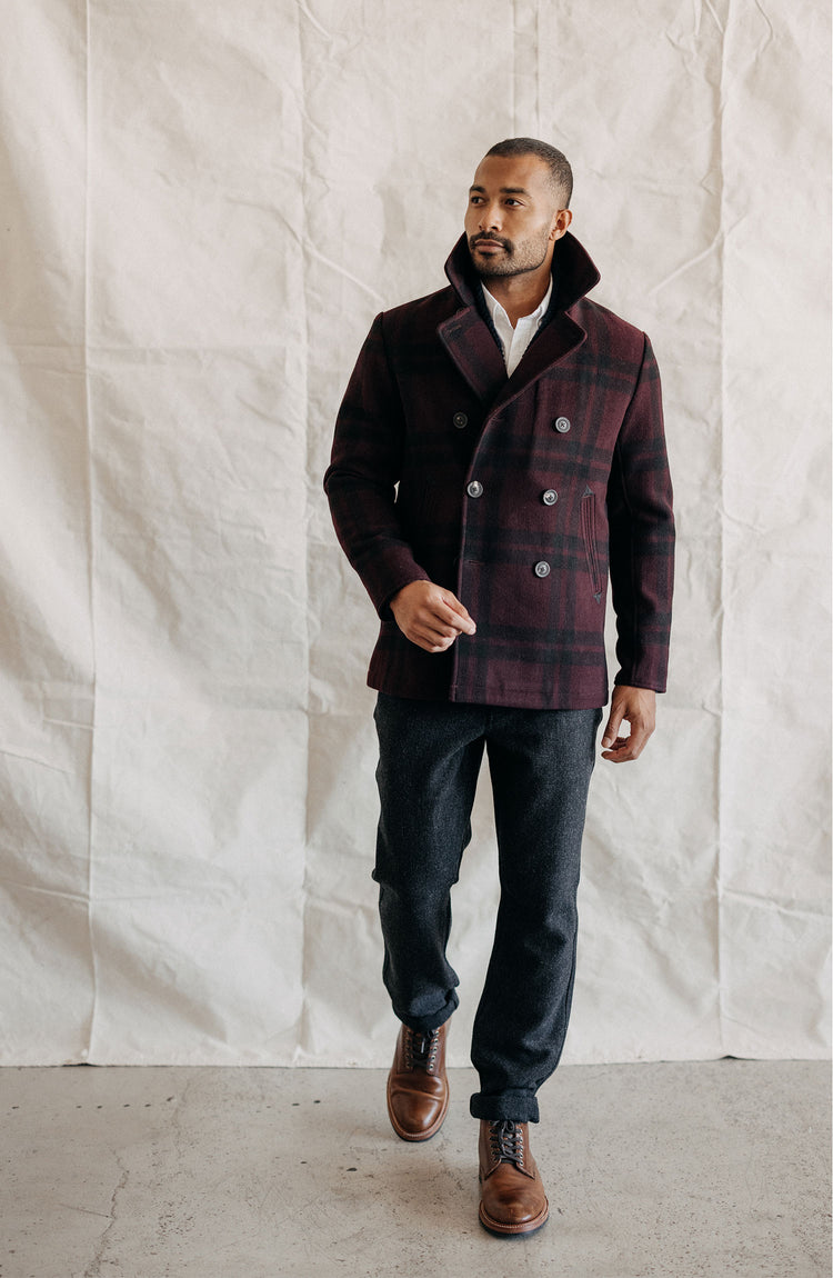 Model wearing The Mariner Coat in Port Plaid Wool