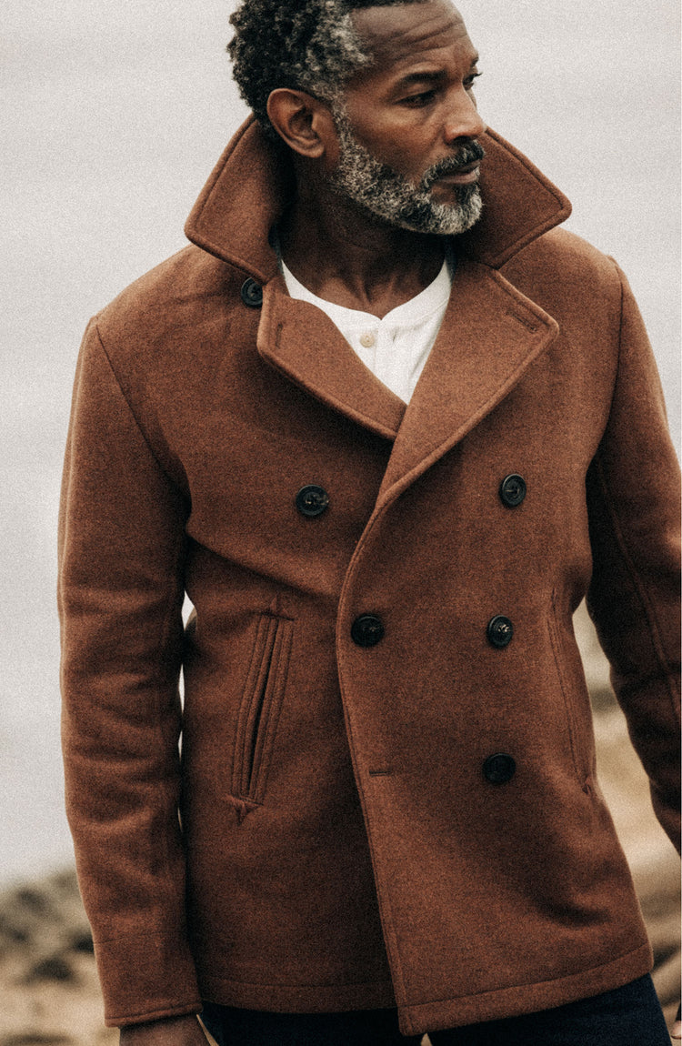 Model wearing The Mariner Coat in Tarnished Copper Wool
