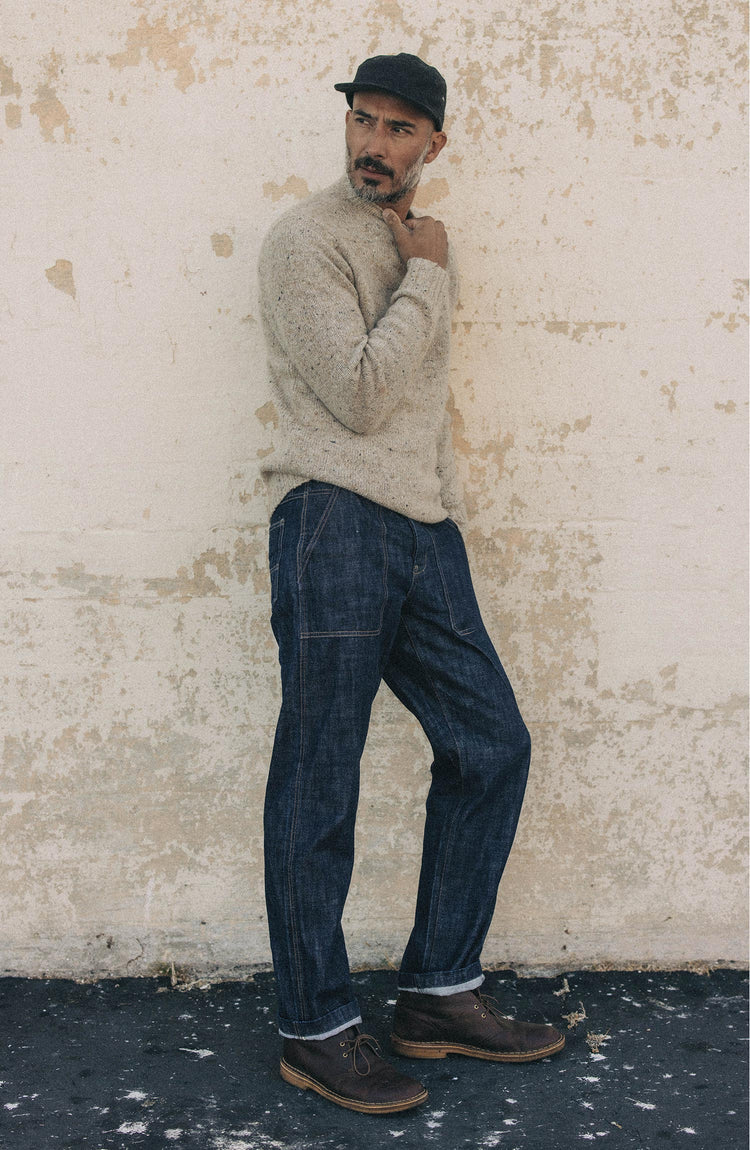 fit model walking wearing The Mariner Jean in Rinse Organic Selvedge