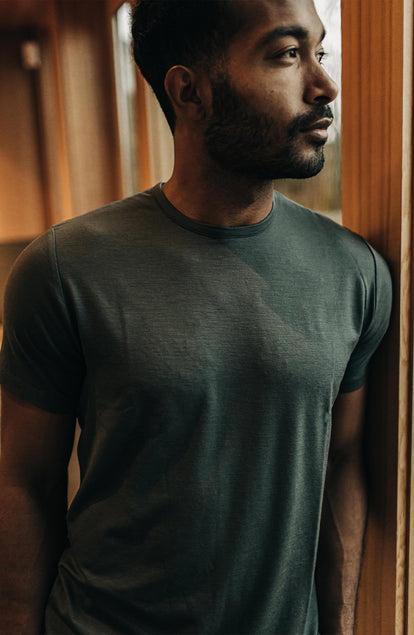 Editorial Panel: The Merino Tee in Dark Slate, Knits by Taylor Stitch