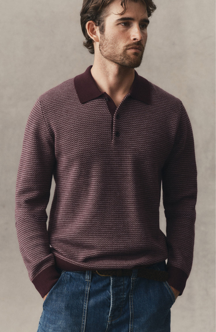 fit model posing in The Newton Sweater Polo in Burgundy Birdseye Merino