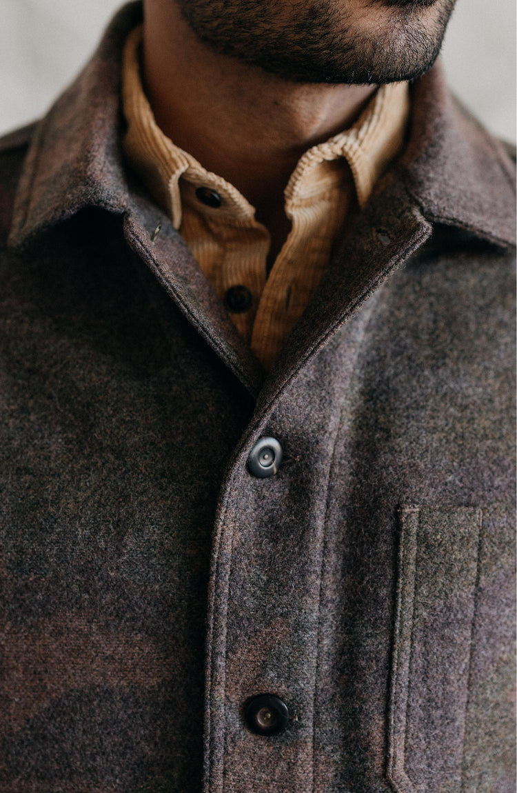 Model in The Ojai Jacket in Heathered Camo Wool