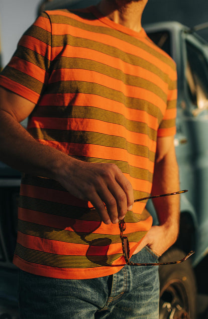 Editorial Panel: The Organic Cotton Tee in Rust Stripe, Knits by Taylor Stitch