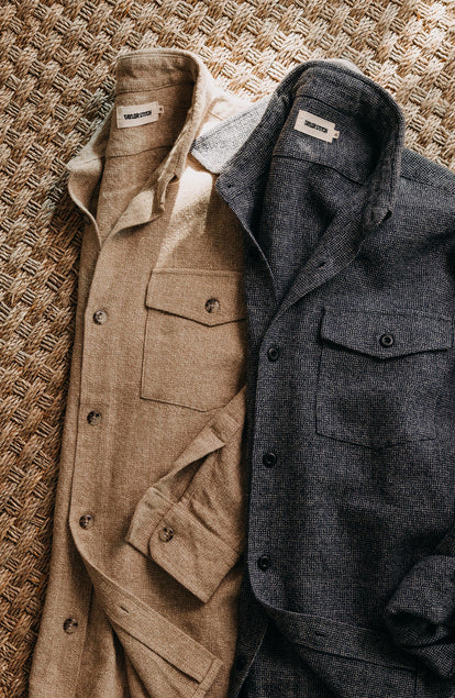editorial image of The Point Shirt in Heather Oat Linen Tweed on the ground