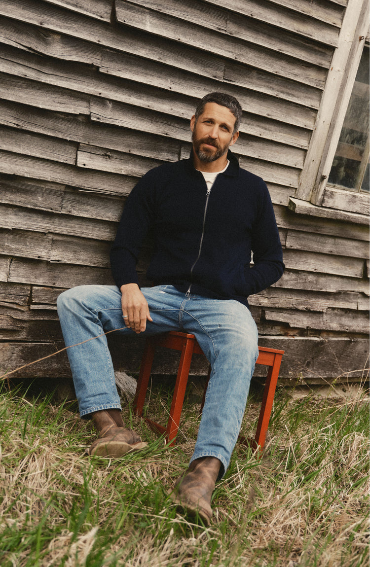 fit model posing in The Portola Sweater Jacket in Midnight Merino