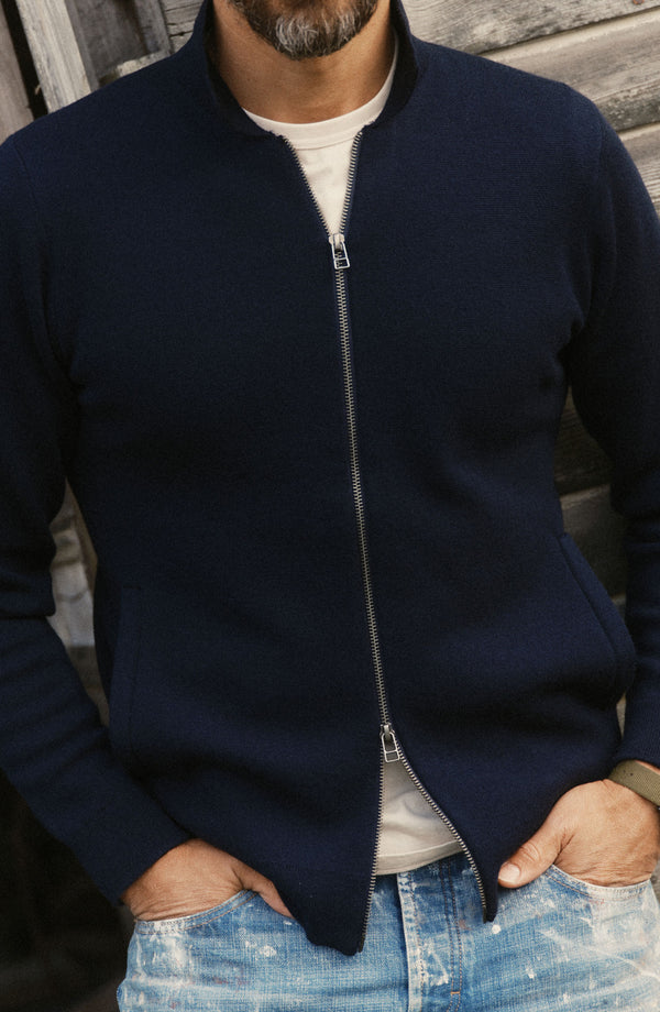 fit model showing off The Portola Sweater Jacket in Midnight Merino