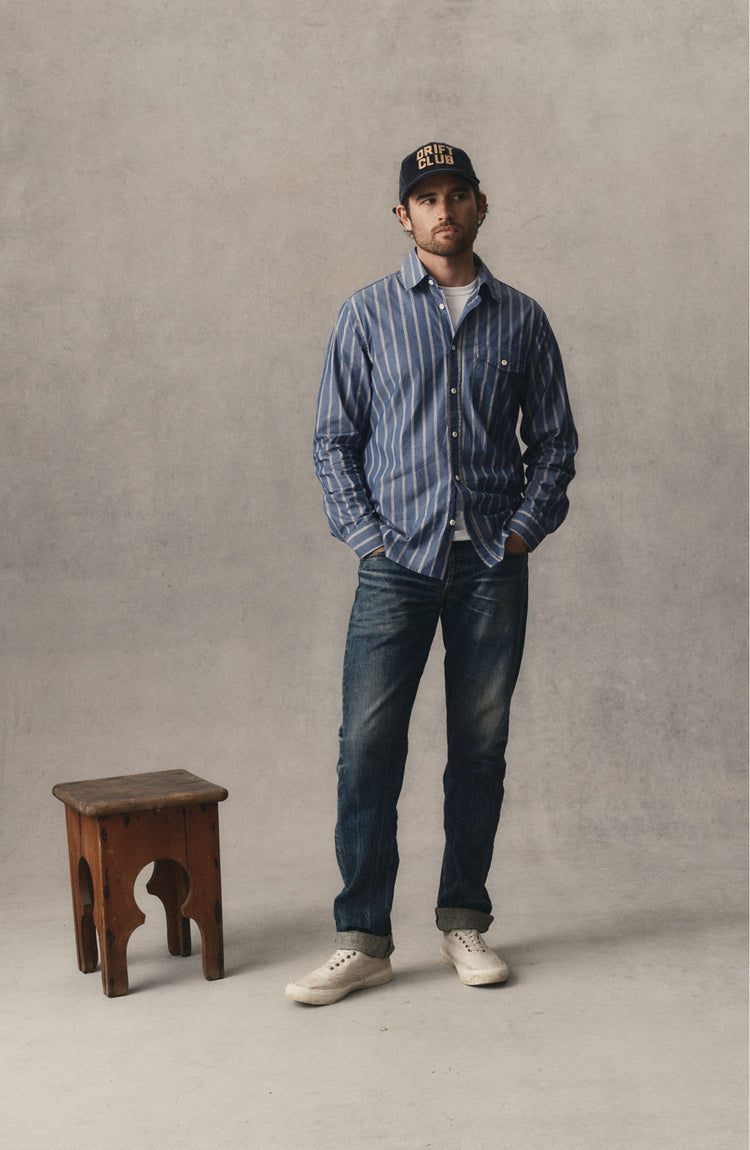 fit model posing in The Quincy Shirt in Bay Stripe