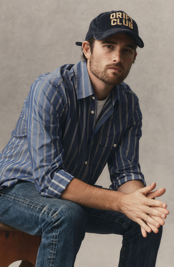 fit model wearing The Quincy Shirt in Bay Stripe