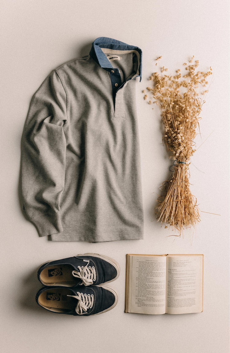 editorial flatlay of The Rugby Shirt in Heather Grey