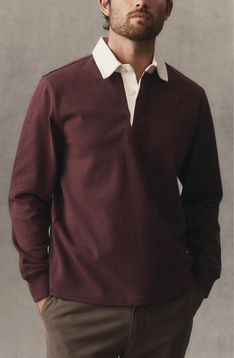 fit model posing in The Rugby Shirt in Burgundy
