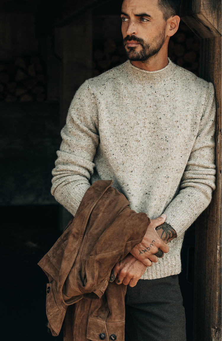 Our model wearing The Seafarer Sweater in Natural Donegal