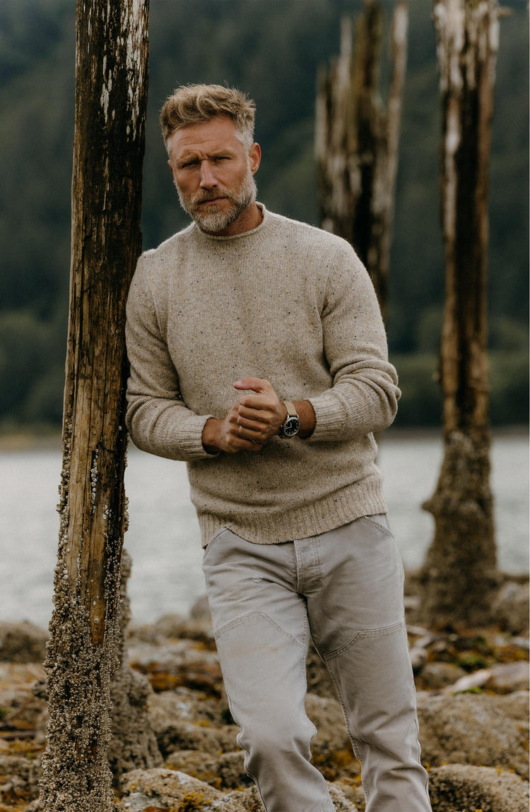 Our model wearing The Seafarer Sweater in Natural Donegal