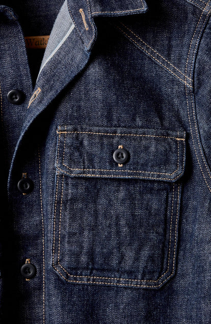 material shot of the pockets on The Shop Shirt in Rinsed Indigo Selvedge