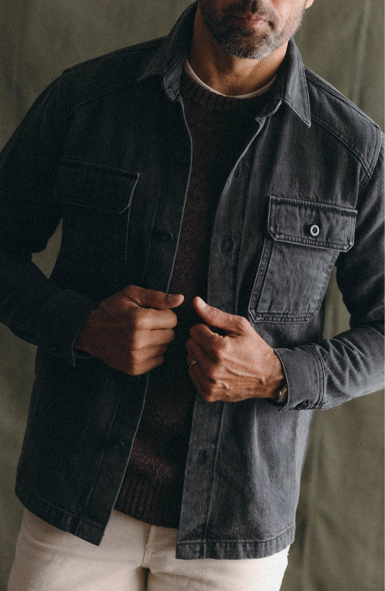 fit model posing in The Shop Shirt in Washed Black Organic Slub Selvedge