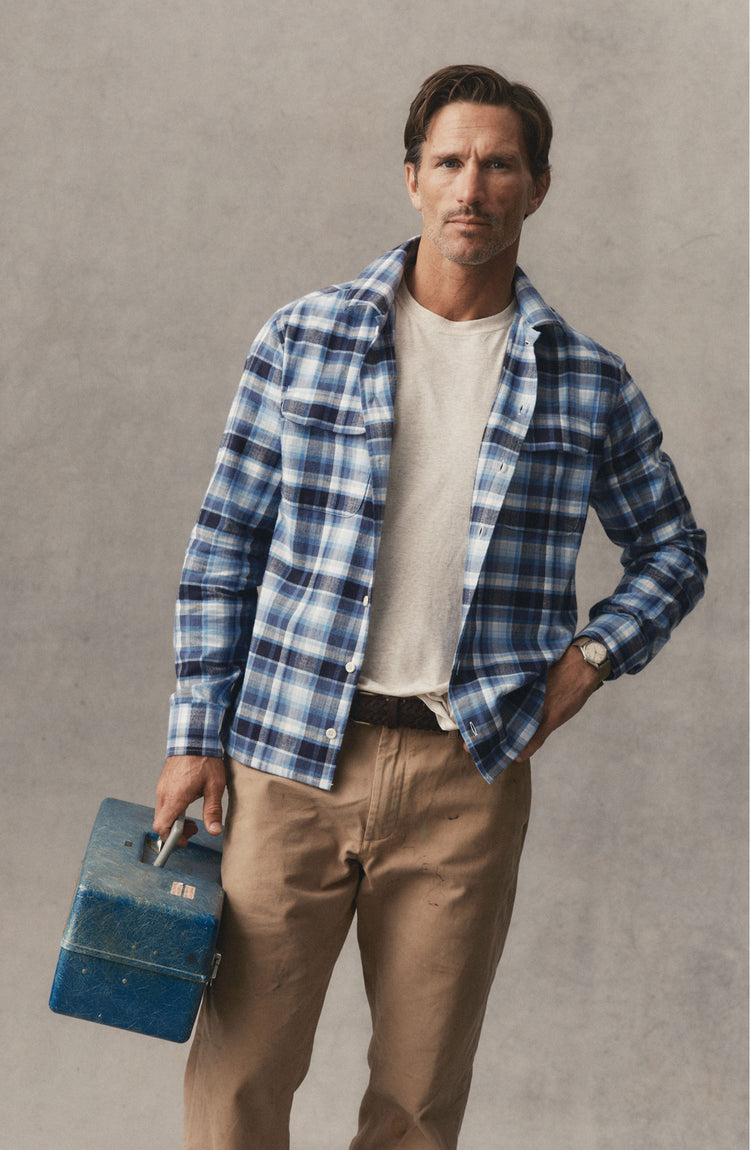 fit model posing in The Shore Shirt in Deepwater Check Portuguese Flannel