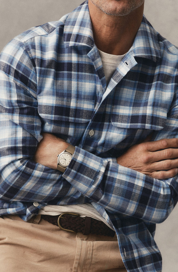 fit model with his arms crossed wearing The Shore Shirt in Deepwater Check Portuguese Flannel