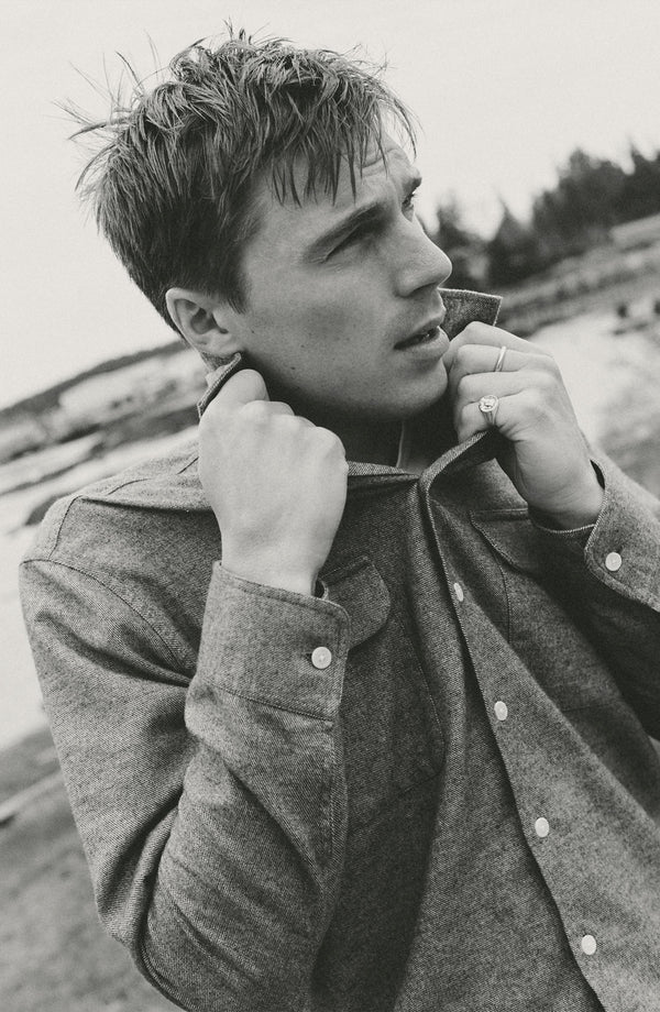 fit model showing off The Shore Shirt in Driftwood Portuguese Mouline Flannel