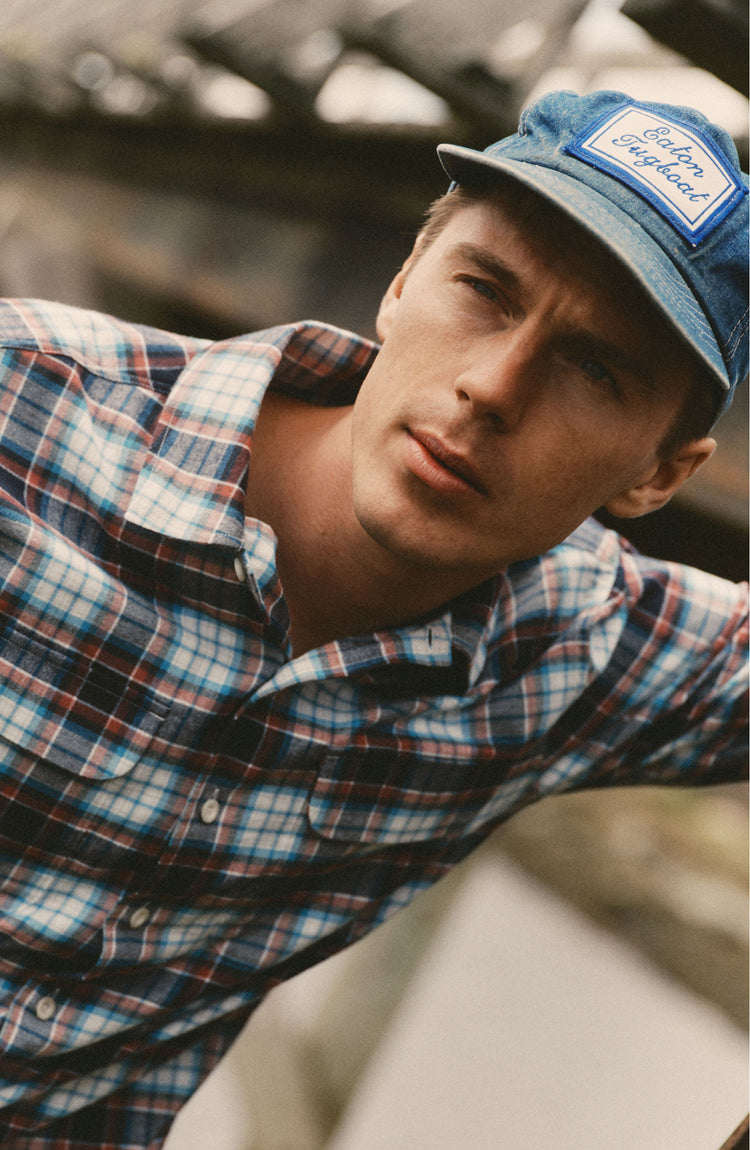 fit model posing in The Shore Shirt in Harbor Check Portuguese Flannel