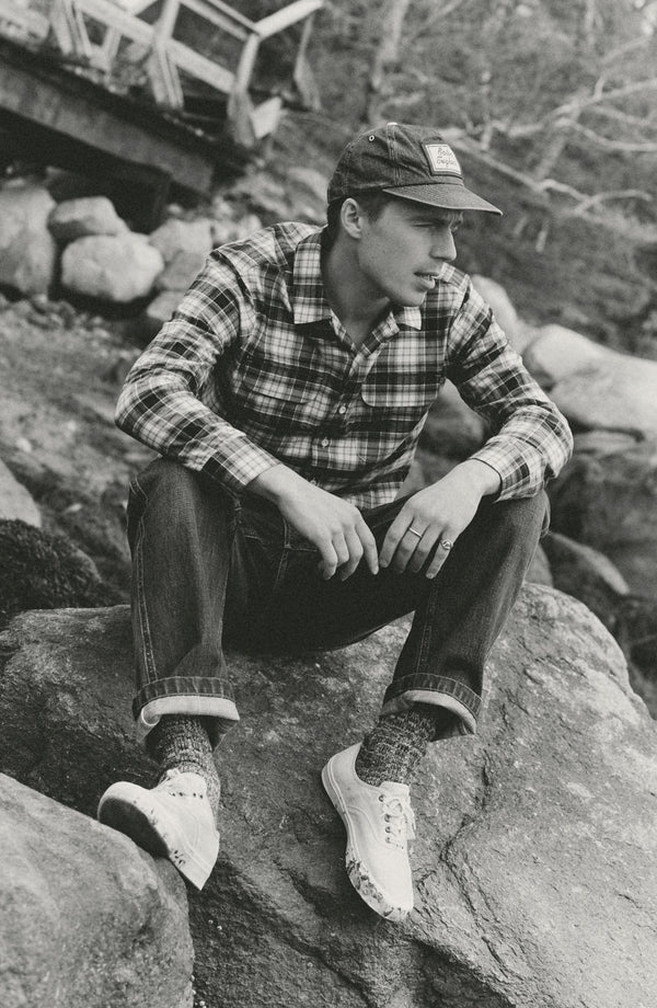 fit model wearing The Shore Shirt in Harbor Check Portuguese Flannel