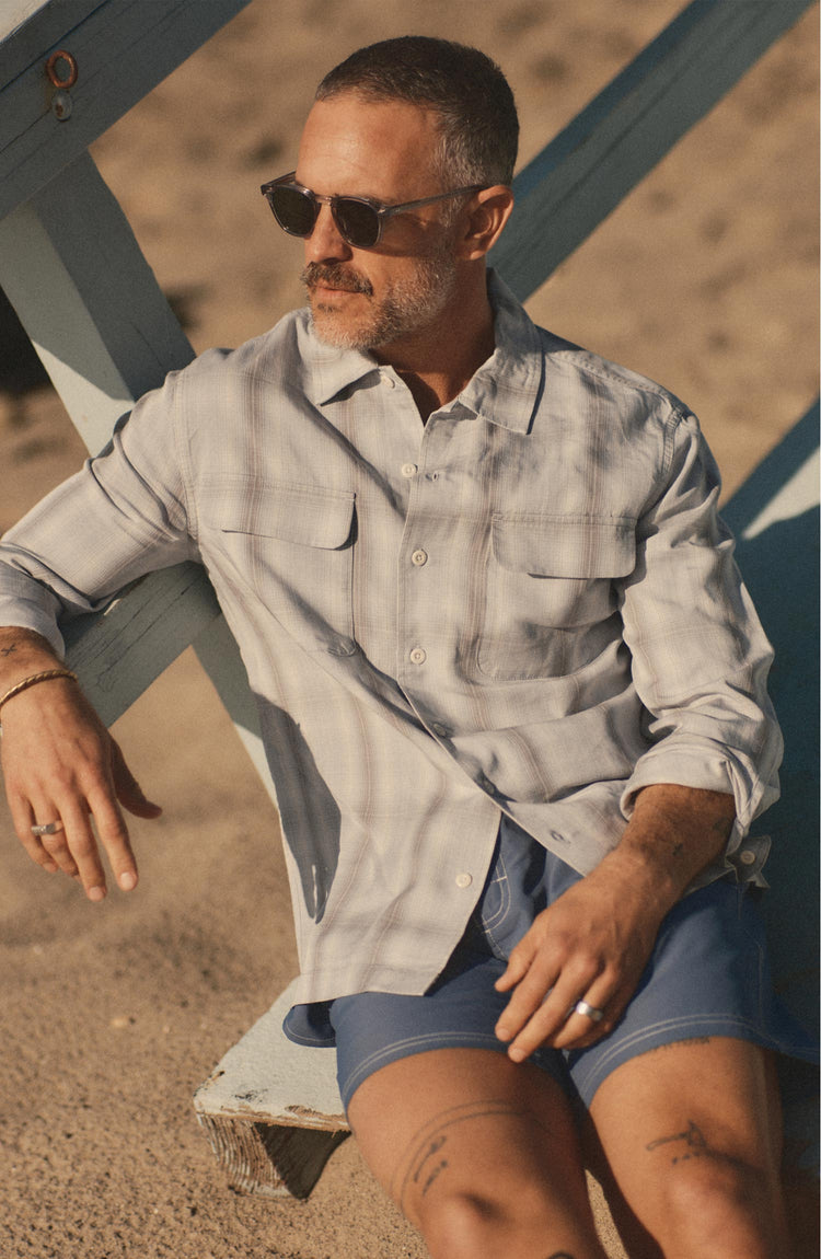 fit model posing in The Shore Shirt in Fog Check Tencel