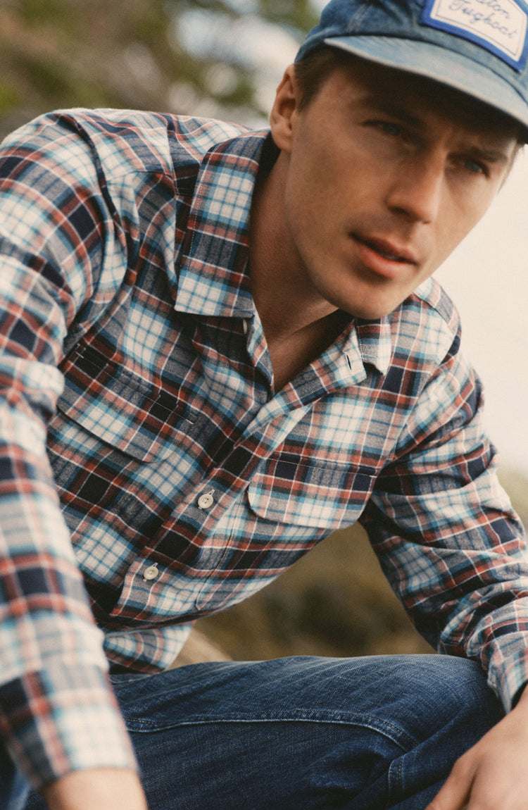 Close up of model wearing The Shore Shirt