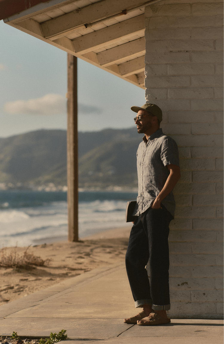 fit model posing in The Short Sleeve Jack in Ocean Linen