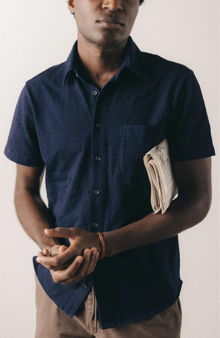 editorial flatlay of The Short Sleeve California in Rinsed Indigo Slub