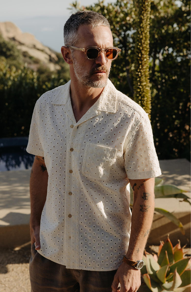 fit model showing off the collar on The Short Sleeve Hawthorne in Vintage White Embroidered Eyelet