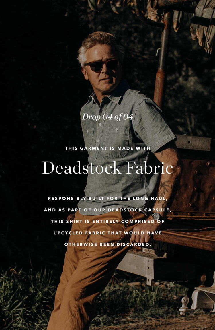 The Short Sleeve Popover in Blue Chambray — Drop 4 of 4. This garment is made with deadstock fabric. Responsibly built for the long haul, and as part of our deadstock capsule, this shirt is entirely comprised of upcycled fabric that would have otherwise been discarded.