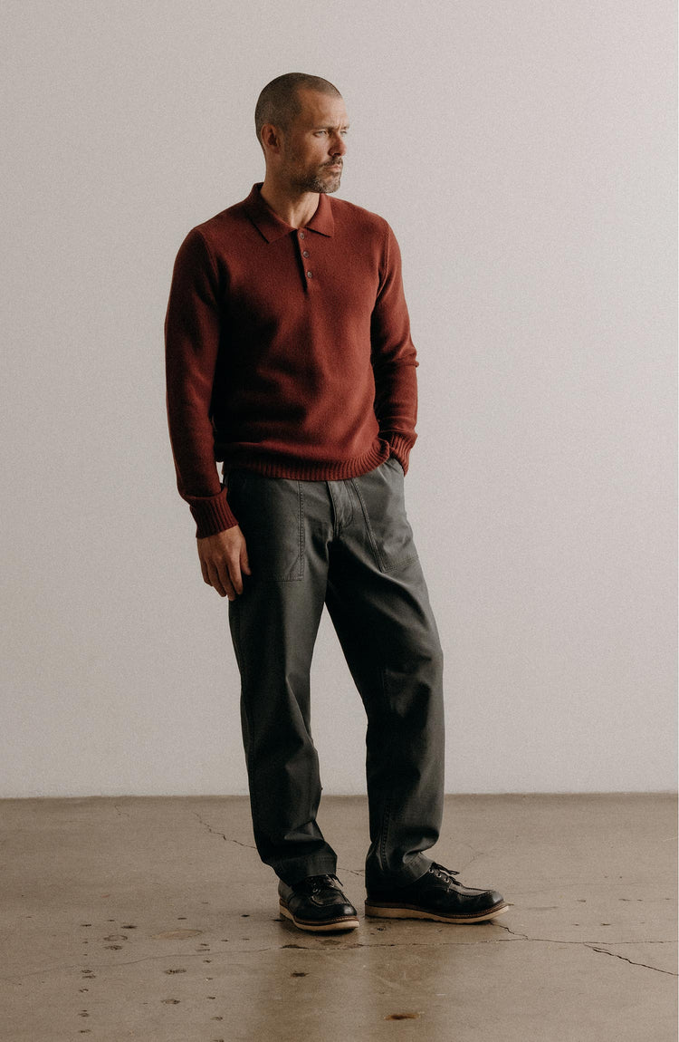 fit model posing in The Surplus Pant in Faded Black Reverse Sateen