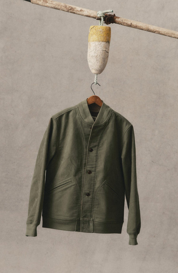 editorial image of The Clark Bomber in Smoked Olive Moleskin hanging