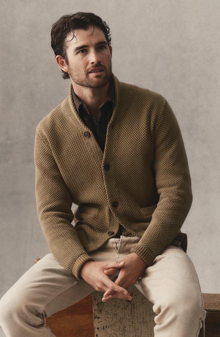 fit model posing in The Crawford Sweater in Bay Leaf