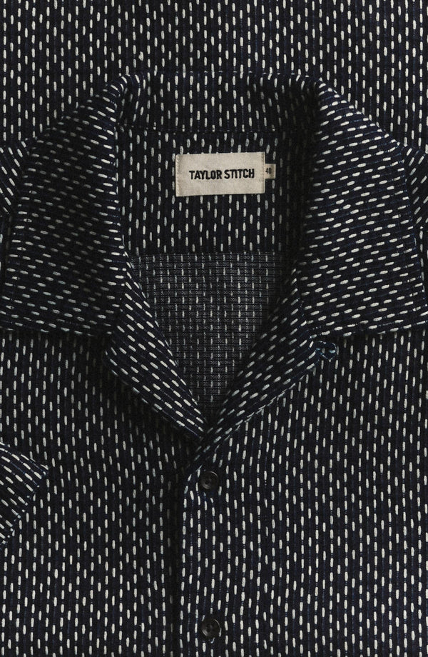 editorial image of the collar on The Davis Shirt in Indigo Raindrop Sashiko