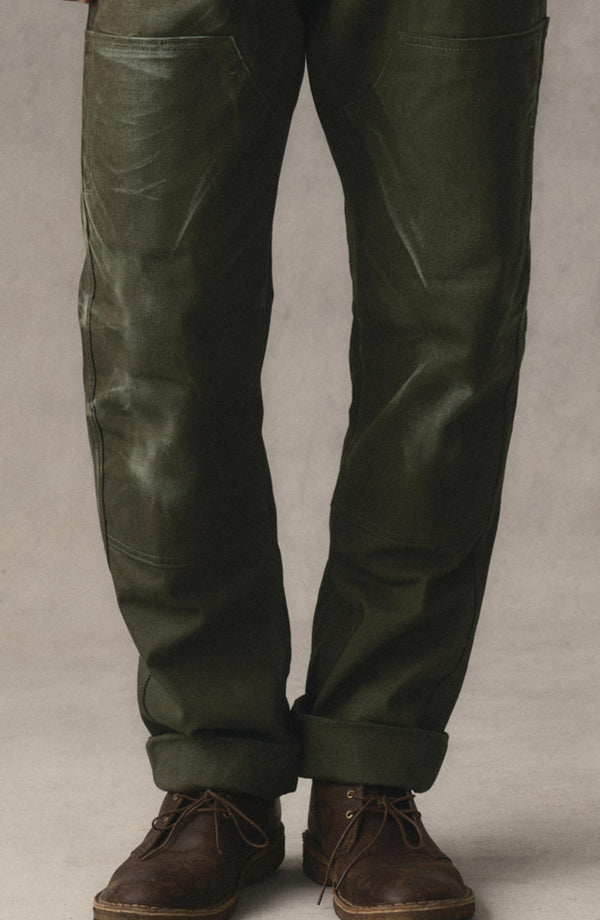 fit model showing off the legs on The Good Acre Chore Pant in Olive Canvas