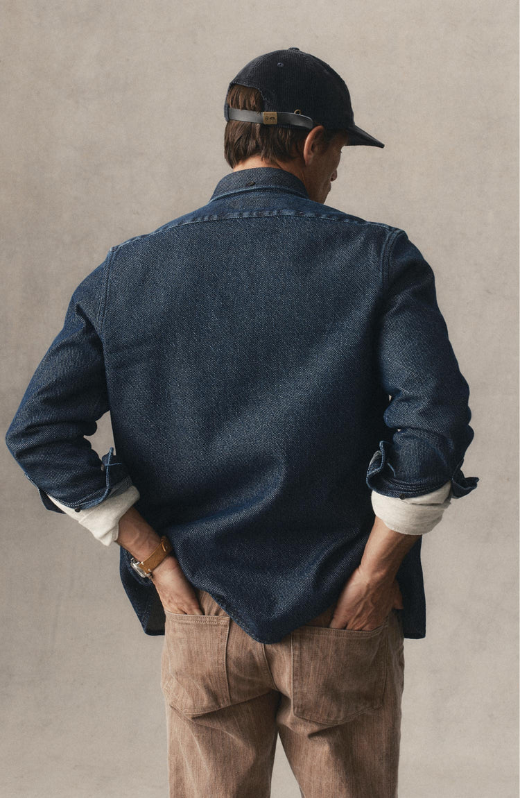 fit model posing in The Jack in Rinsed Indigo Japanese Jacquard Dot