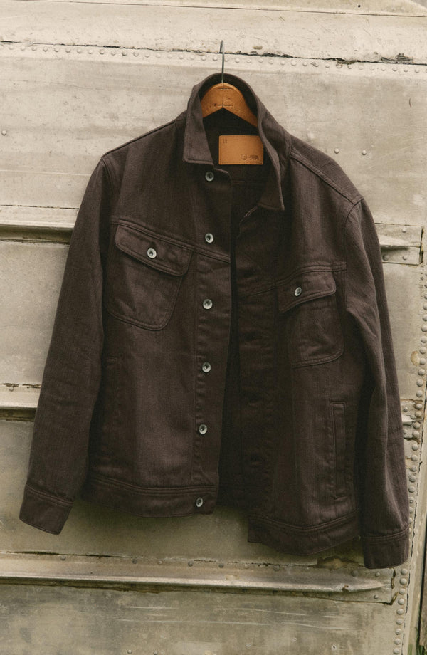 fit model showing off the collar on The Long Haul Jacket in Mid Wash Organic Selvedge