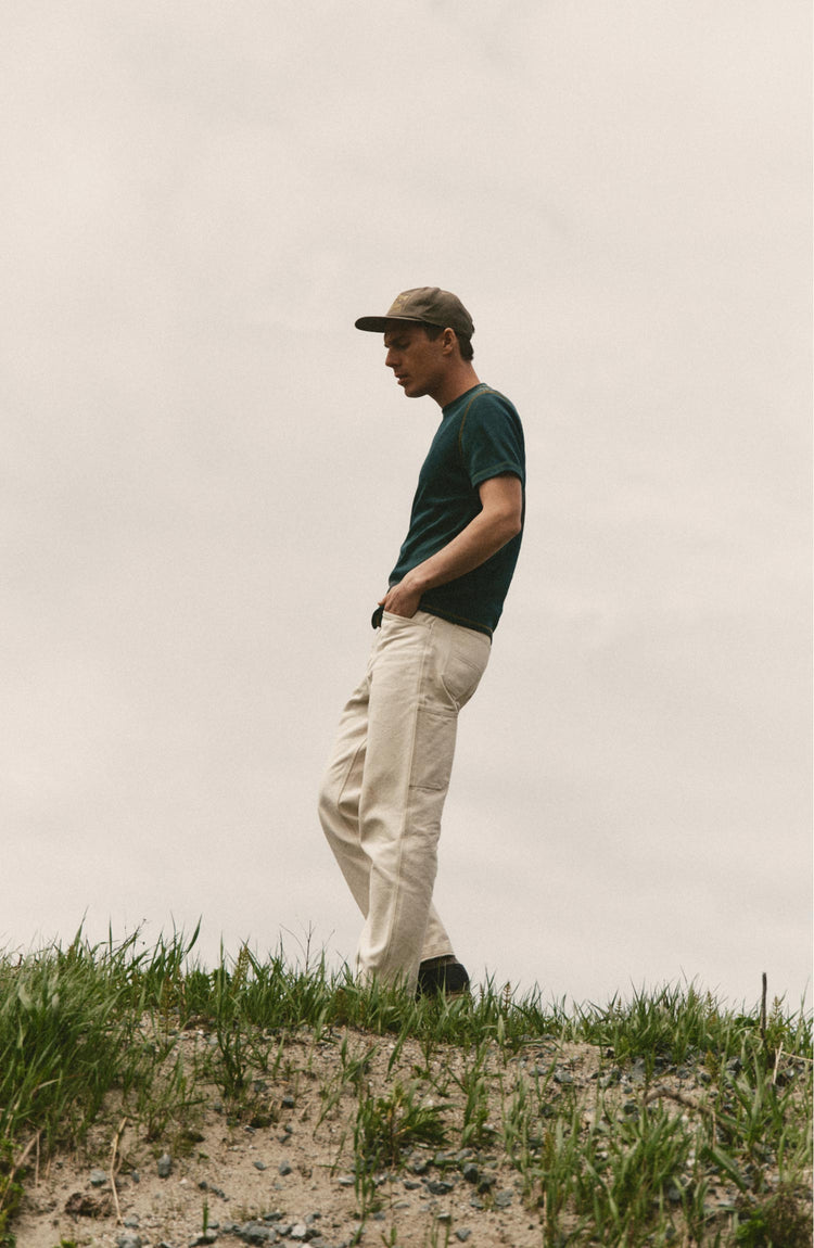 fit model posing in The Organic Cotton Short Sleeve Crew in Dark Forest Waffle