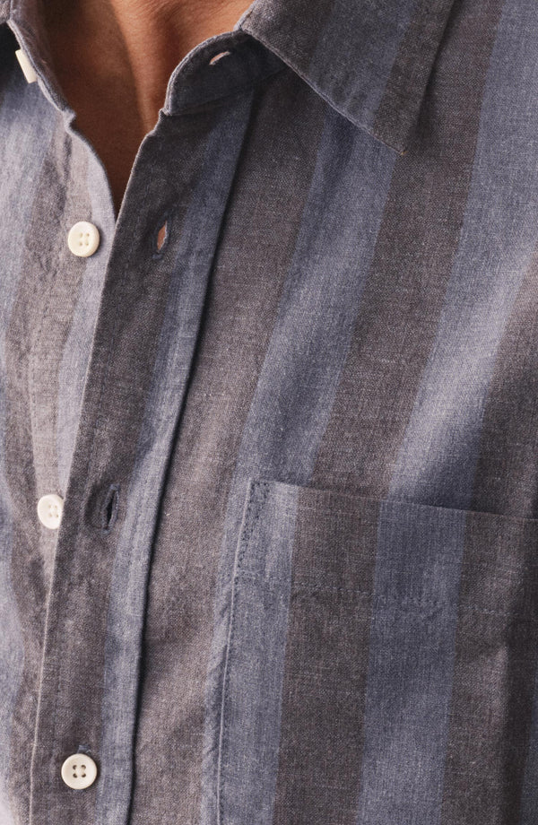 fit model showing off The Short Sleeve California in Blue Stone Stripe Hemp