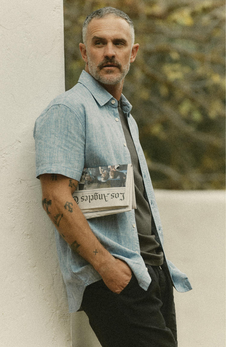fit model posing in The Short Sleeve California in Sky Hemp