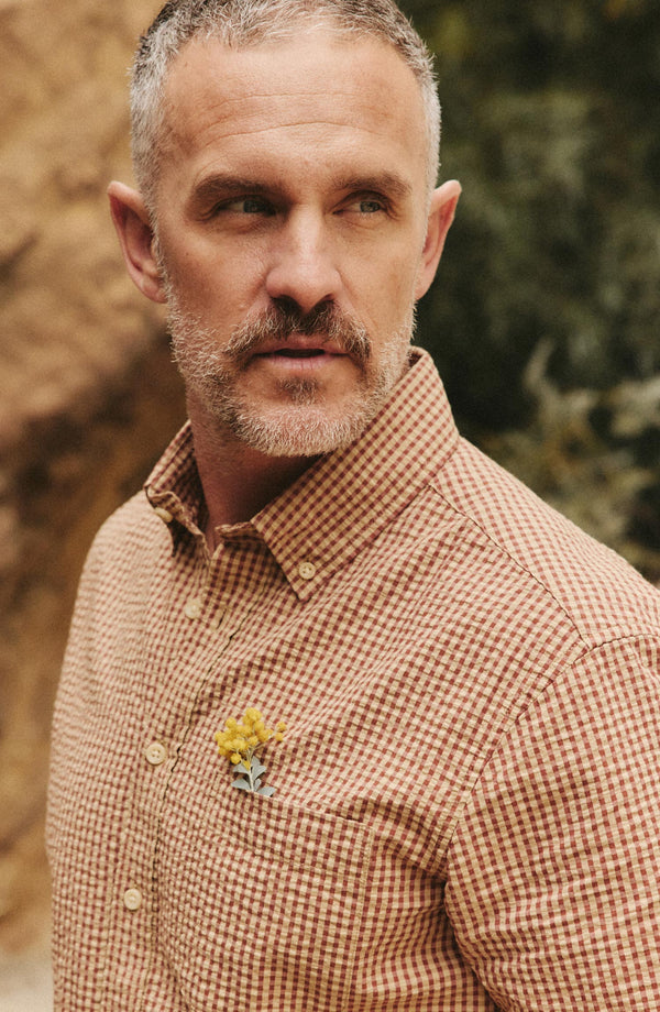 fit model showing off The Short Sleeve Jack in Brick Check Seersucker