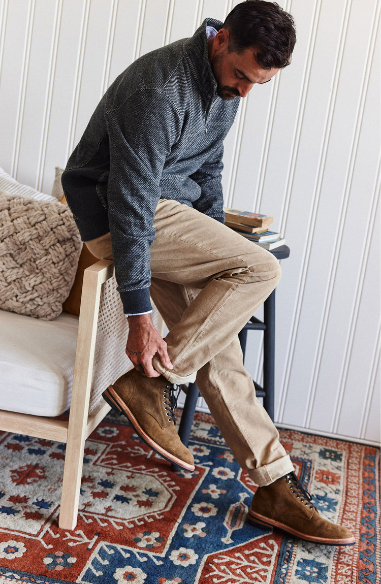 fit model wearing The Democratic All Day Pant in Light Khaki Cord